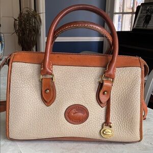 Dooney & Bourke cream Pebbled Leather Satchel with Brown Trim